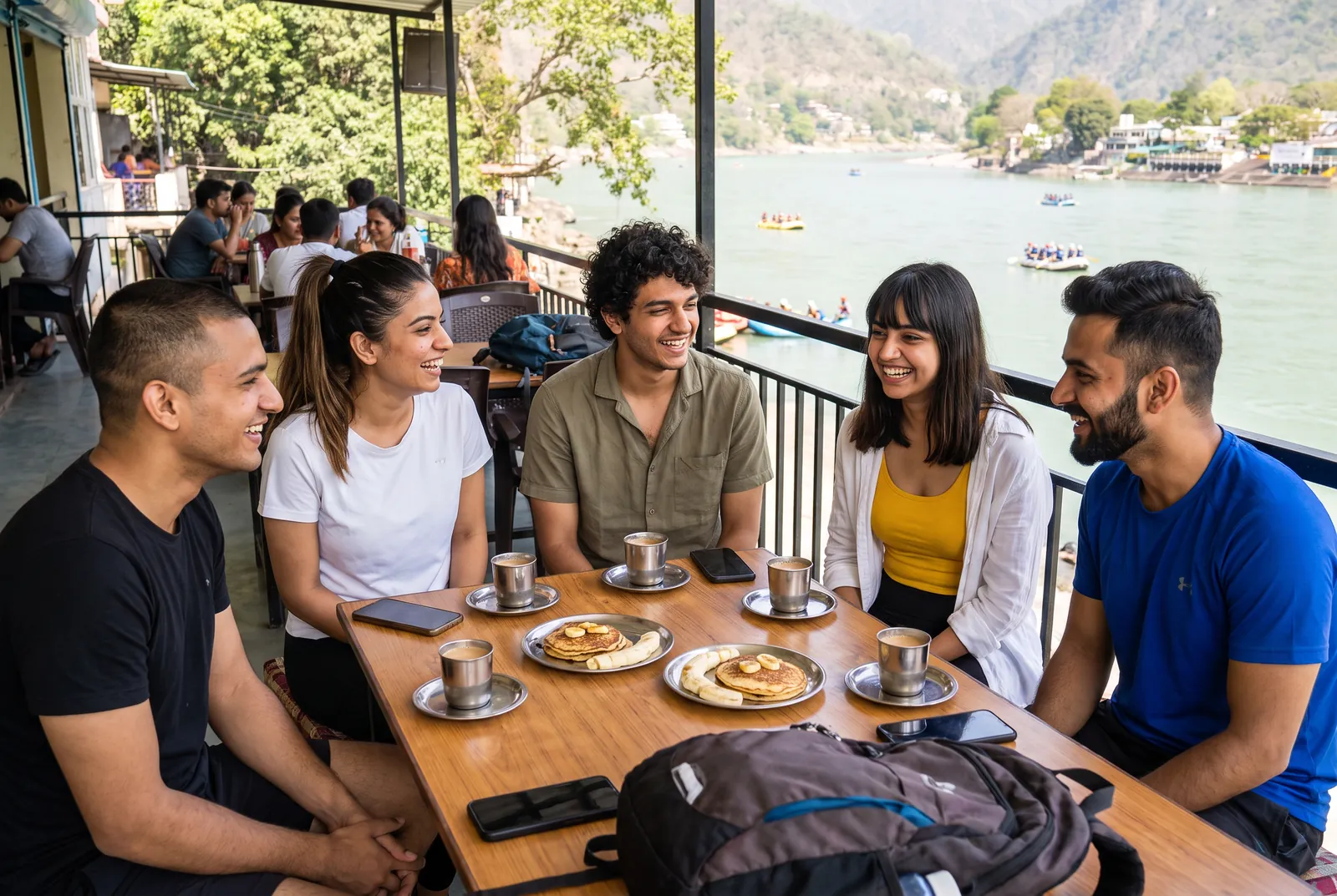 Rishikesh: The group at a riverside cafe